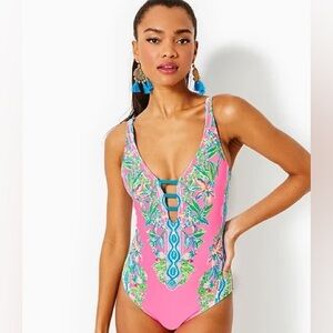 Lilly Pulitzer Jaspen One Piece Havana Pink Orchid Soiree Engineered Swimsuit
